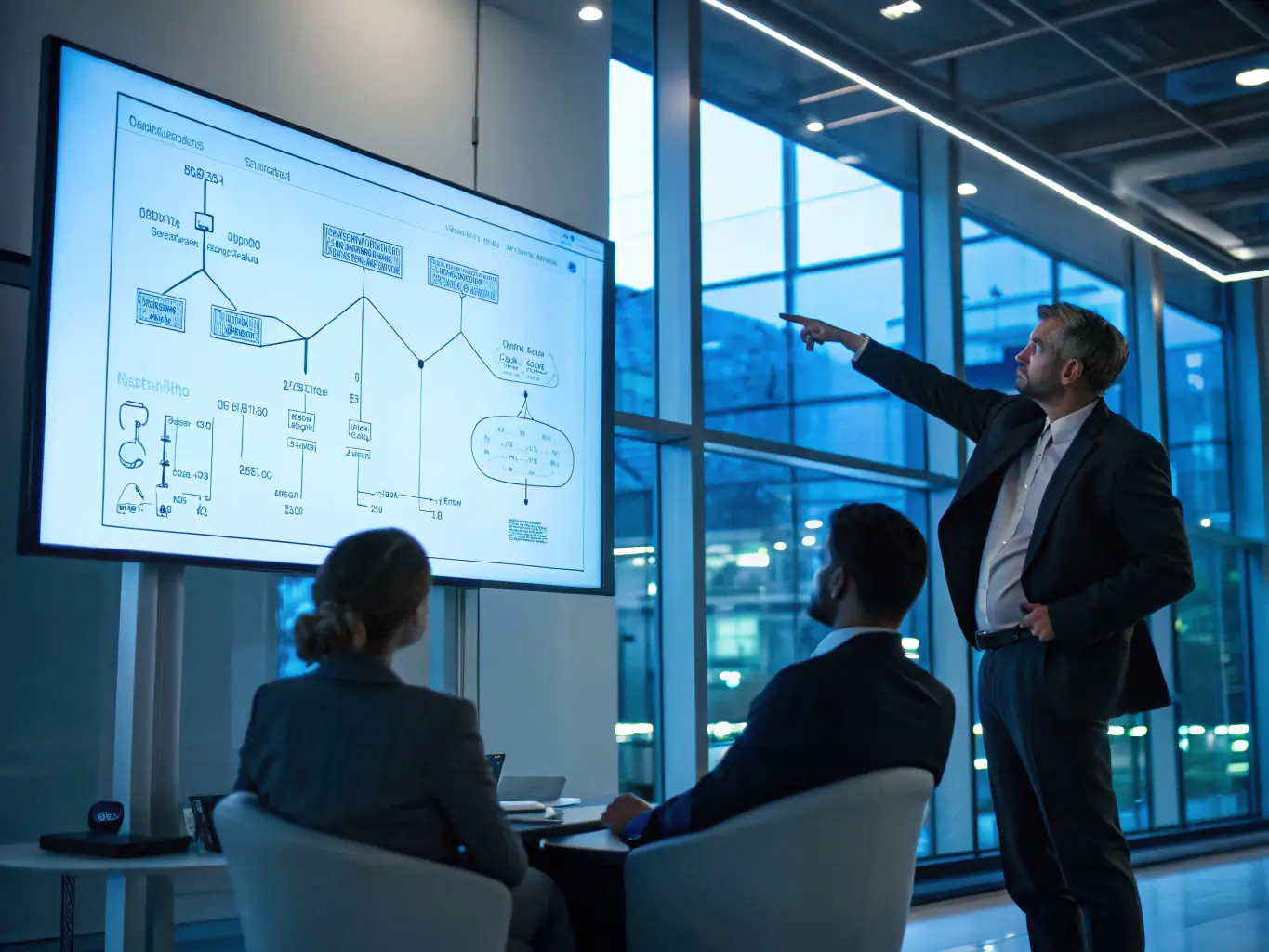 A consultant is presenting a cloud migration strategy to a financial services client in a corporate boardroom, using a large interactive display.