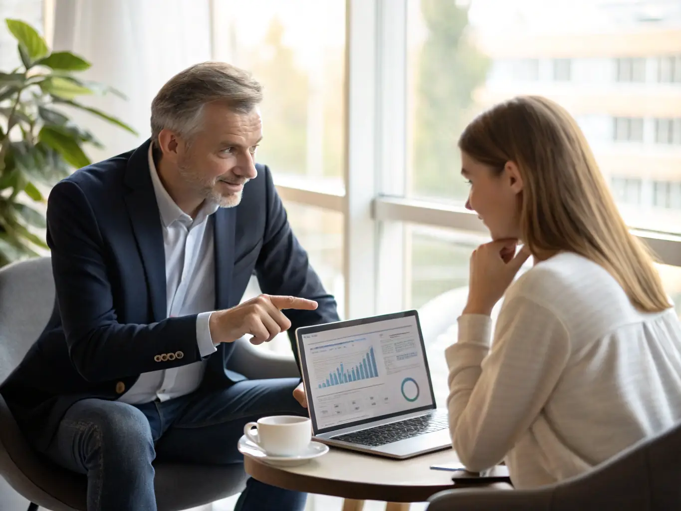 A professional IT consultant is advising a client in the financial sector, discussing cybersecurity strategies and compliance requirements in a modern office setting.