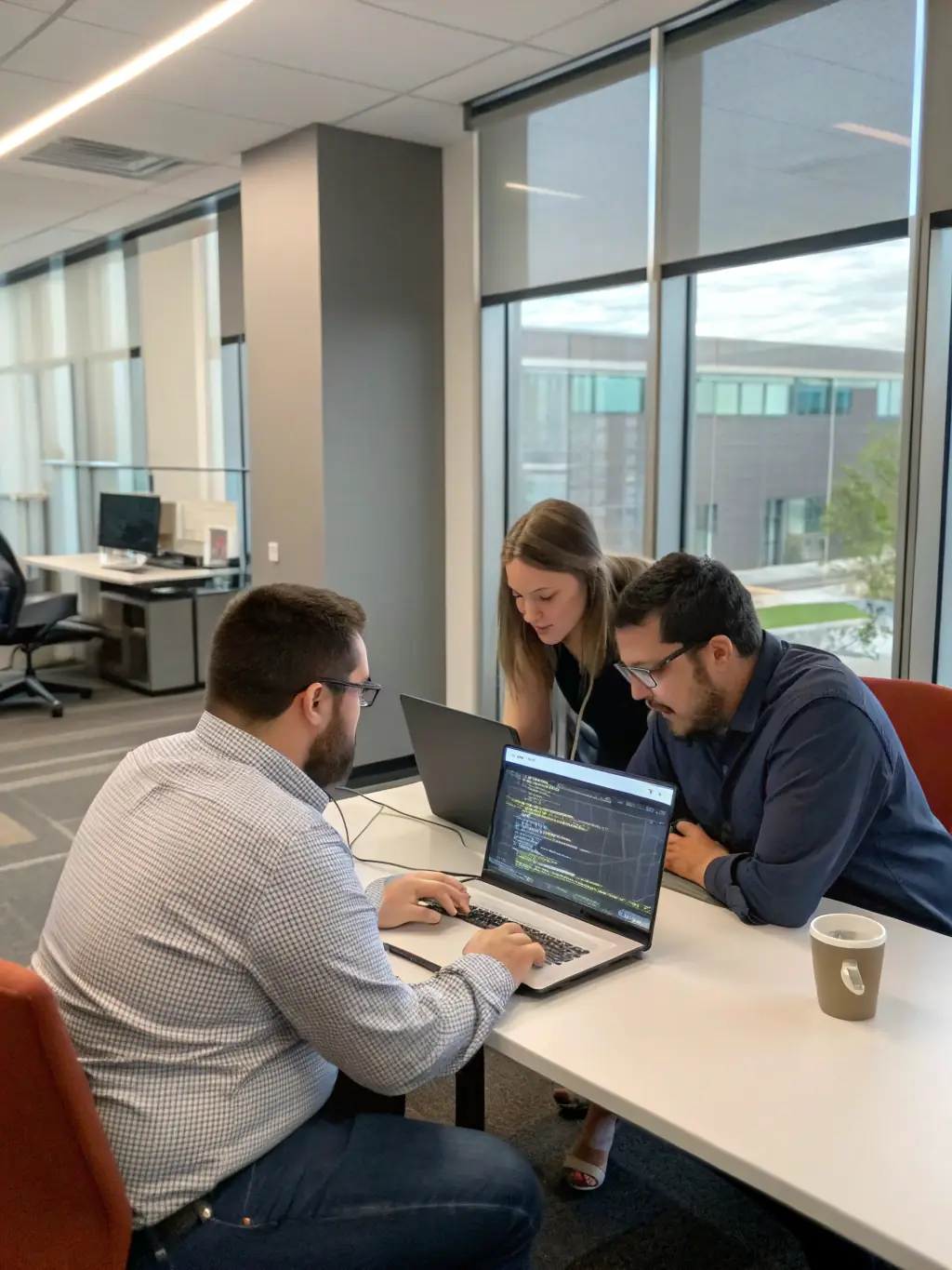 A professional photograph of a team of IT consultants collaborating on a cloud migration strategy, with a whiteboard displaying a cloud architecture diagram in the background.