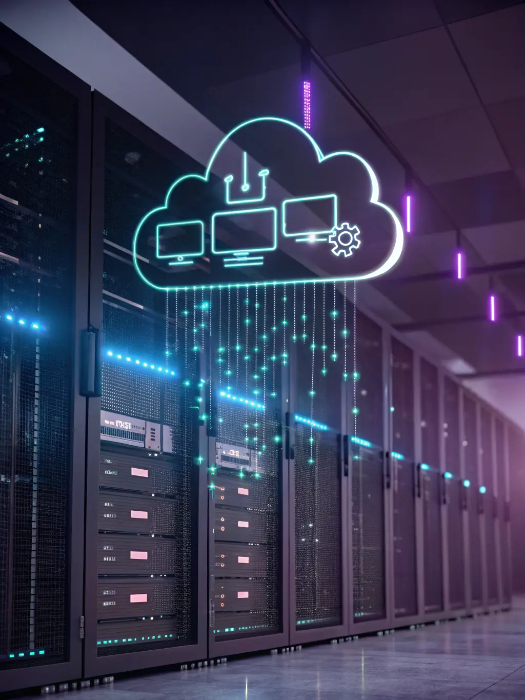 An illustration depicting a hybrid cloud environment, showcasing the integration of public and private cloud resources.