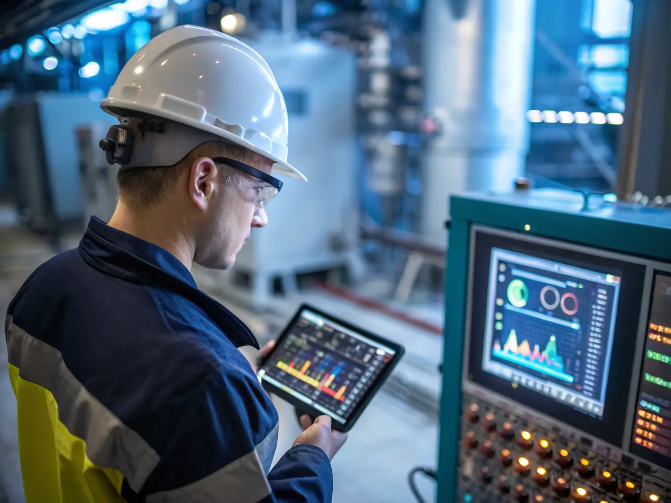 A consultant is demonstrating an automated infrastructure management dashboard to a manufacturing client in a factory setting, highlighting real-time performance metrics.