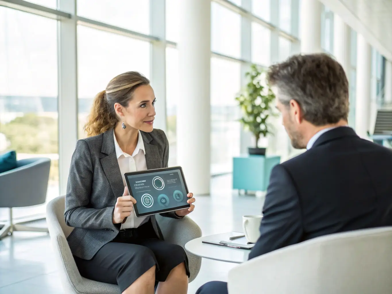 A professional IT consultant is meeting with a client in the healthcare industry, discussing virtualization solutions on a tablet, in a modern office setting.
