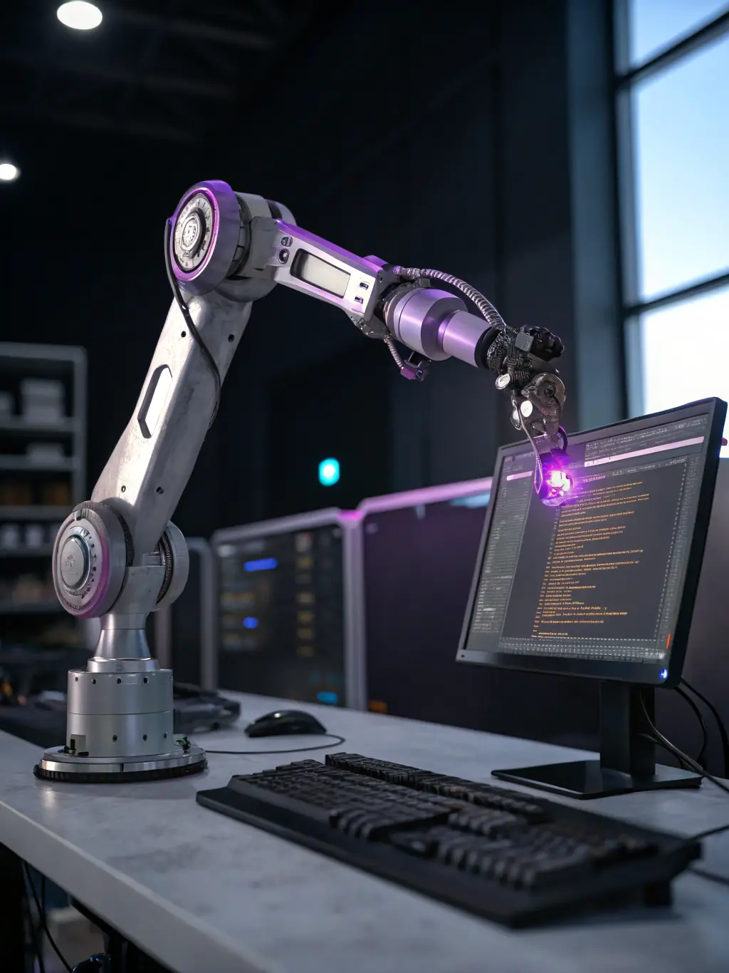 A robotic arm automating a task in a data center, symbolizing IT automation.