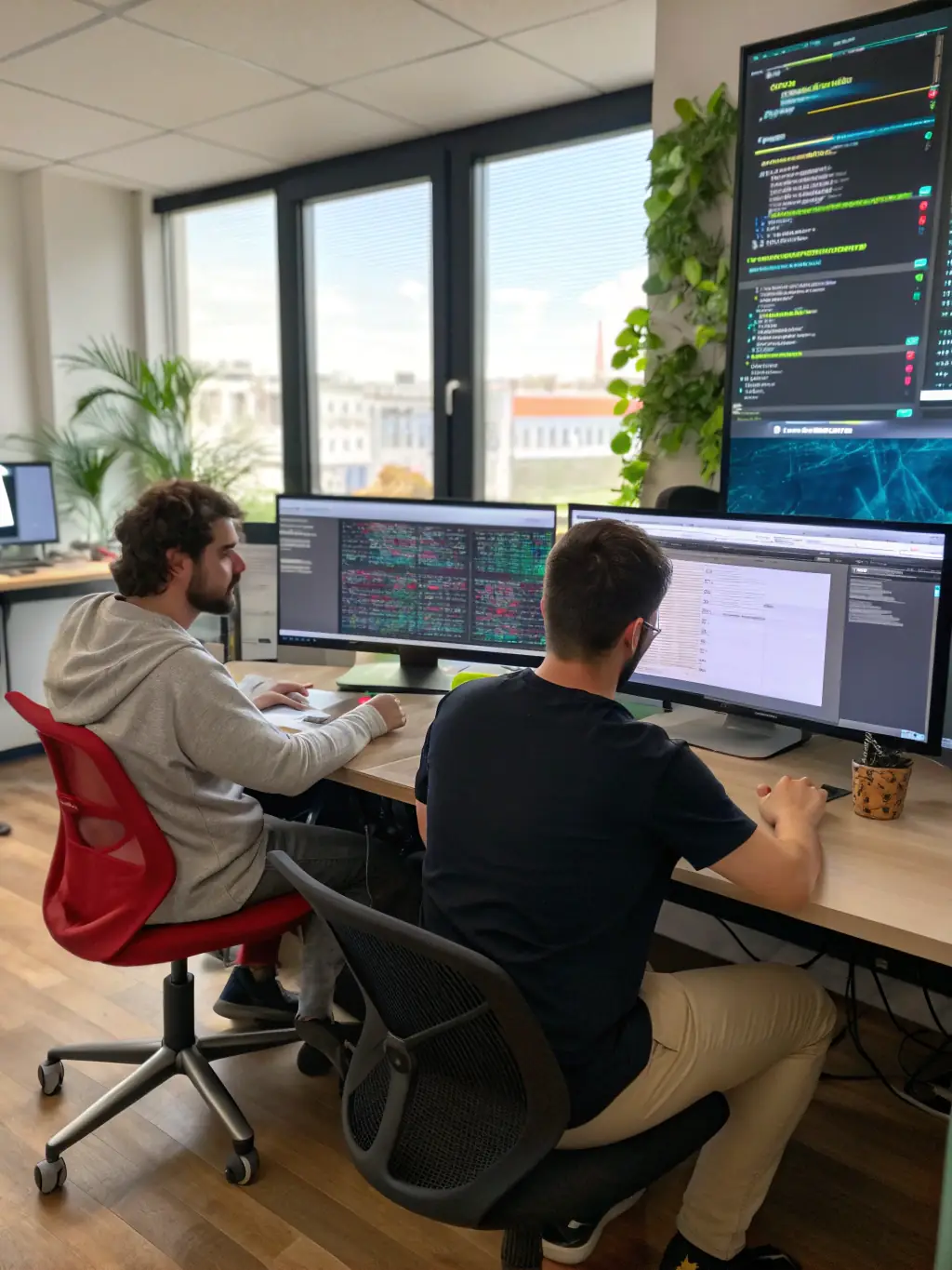 A team of engineers working on cloud automation with CI/CD tools on multiple screens, showcasing Aegis IT Advisors' DevOps & Platform Engineering expertise.