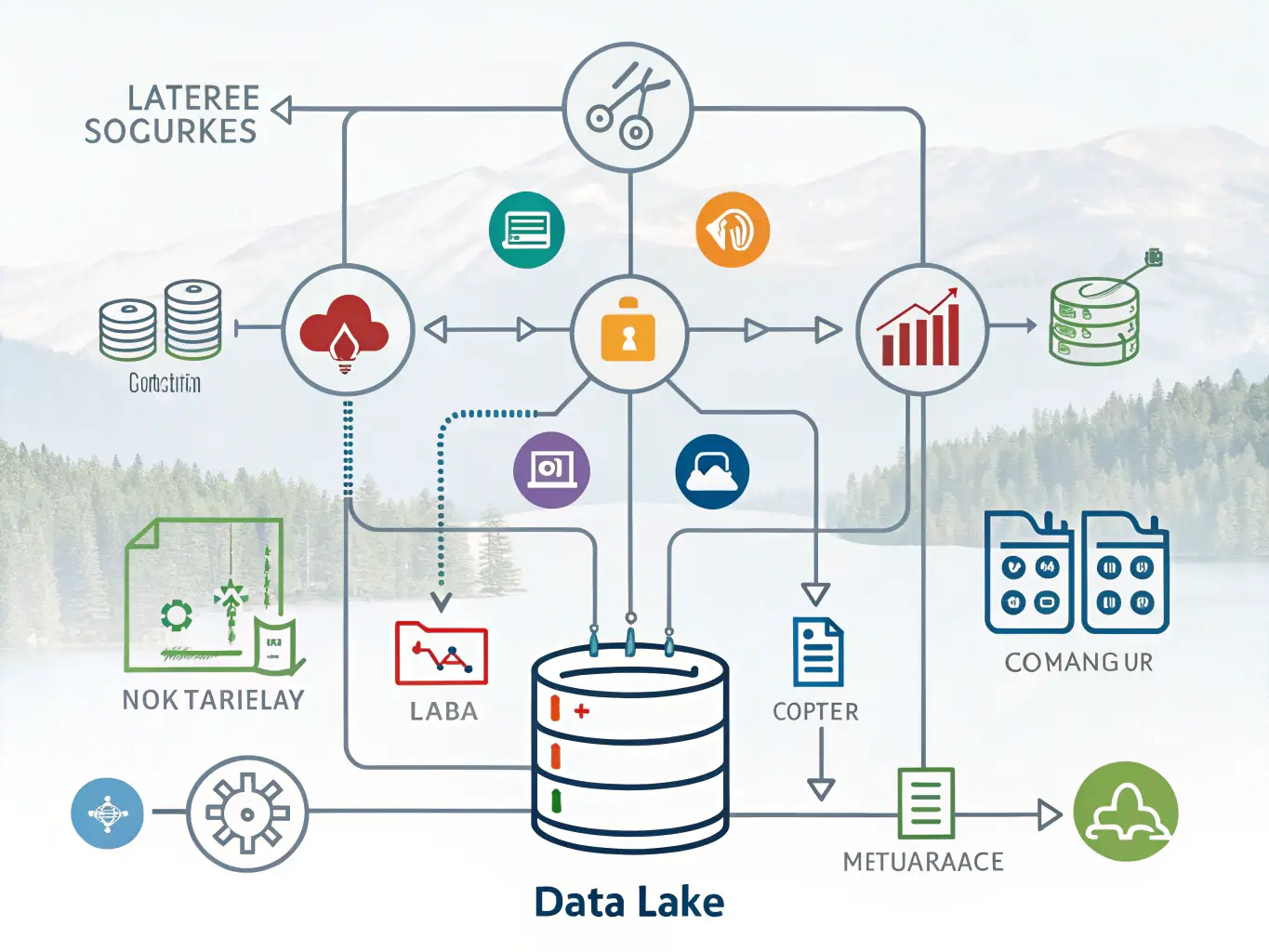 An image of a data lake architecture with various data sources feeding into it, emphasizing data governance and AI integration.